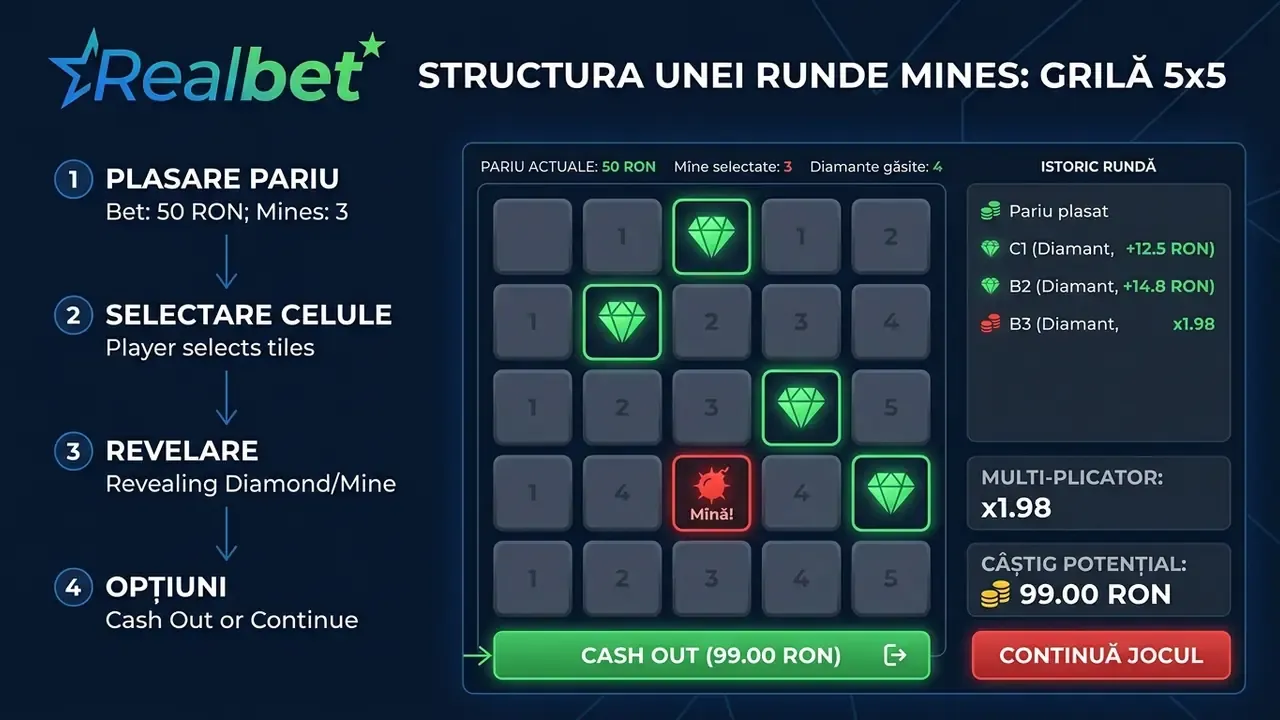 Mines cazino grila 5x5 – celule sigure, mine ascunse și butonul Cash Out